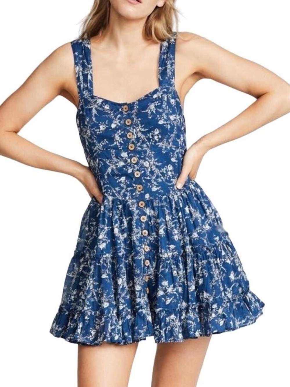 Free People Blue Floral Mini Dress Size Small Boho Tiered Button Front Sundress